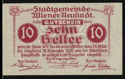 Notgeld Wiener Neustadt 1920, 10 Heller, Reckturm und Pfarrkirche, Stadtwappen