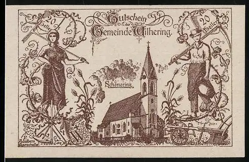 Notgeld Wilhering 1920, 20 Heller, Kirche von Schönering und landwirtschaftliche Szenen