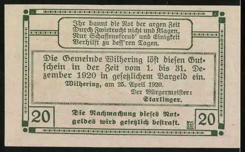 Notgeld Wilhering 1920, 20 Heller, Kirche von Schönering und landwirtschaftliche Szenen