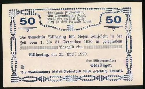 Notgeld Wilhering 1920, 50 Heller, Klosteransicht und historische Stadtansicht