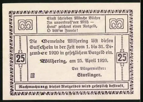 Notgeld Wilhering 1920, 25 Heller, Gebäudeansicht und dekoratives Wappen