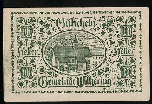 Notgeld Wilhering 1920, 10 Heller, Kirche und dekoratives Muster