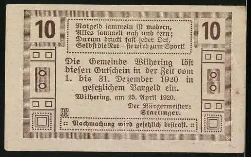 Notgeld Wilhering 1920, 10 Heller, Kirche und dekoratives Muster