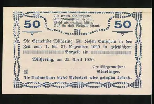 Notgeld Wilhering 1920, 50 Heller, Klosteransicht und Text über Kloster an der Donau