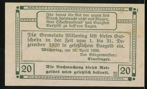 Notgeld Wilhering 1920, 20 Heller, Kirche und ländliche Figuren