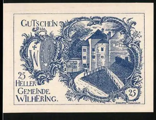 Notgeld Wilhering 1920, 25 Heller, Gebäudeansicht und dekorative Umrahmung