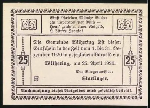 Notgeld Wilhering 1920, 25 Heller, Gebäudeansicht und dekorative Umrahmung