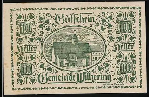 Notgeld Wilhering 1920, 10 Heller, Kirche und dekoratives Muster