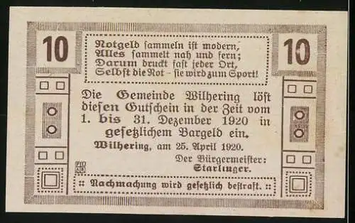 Notgeld Wilhering 1920, 10 Heller, Kirche und dekoratives Muster