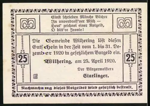 Notgeld Wilhering 1920, 25 Heller, Gebäudeansicht und Wappen, eingelöst von Bürgermeister Starlinger