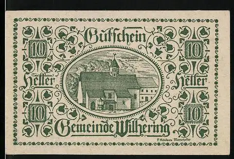 Notgeld Wilhering 1920, 10 Heller, Kirche und dekoratives Muster