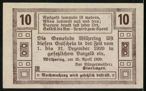 Notgeld Wilhering 1920, 10 Heller, Kirche und dekoratives Muster