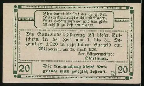 Notgeld Wilhering 1920, 20 Heller, Kirche und Figurenmotive