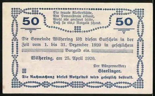 Notgeld Wilhering 1920, 50 Heller, Klosteransicht mit dekorativem Rahmen und Text