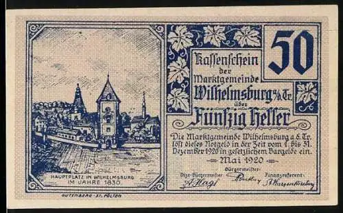 Notgeld Wilhelmsburg 1920, 50 Heller, Hauptplatz und Wappen der Marktgemeinde Wilhelmsburg