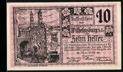 Notgeld Wilhelmsburg 1920, 10 Heller, historische Gebäude und Wappenmotiv