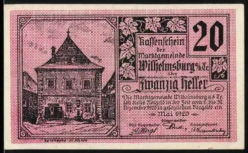 Notgeld Wilhelmsburg 1920, 20 Heller, Gebäude und Wappen mit Burgmotiv