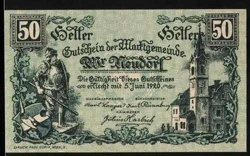 Notgeld Wiener Neudorf 1920, 50 Heller, Ritter mit Lanze und Kirche im Hintergrund