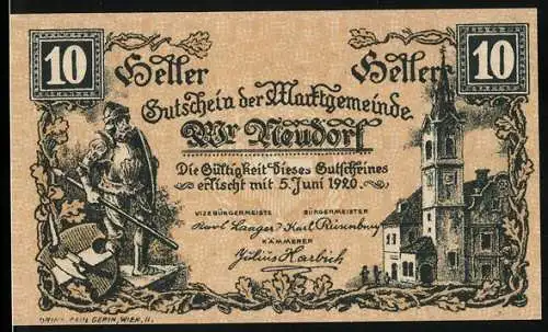 Notgeld Wiener Neudorf 1920, 10 Heller, Bergmann und Kirche, Gültigkeit bis 5. Juni 1920