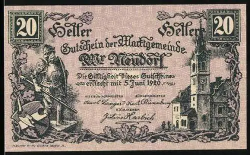 Notgeld Wr. Neudorf 1920, 20 Heller, Bauer und Kirche-Motiv