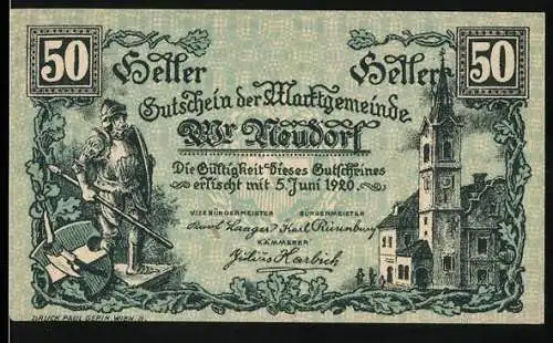 Notgeld Wiener Neudorf 1920, 50 Heller, Bauer und Kirche, florale Bordüre