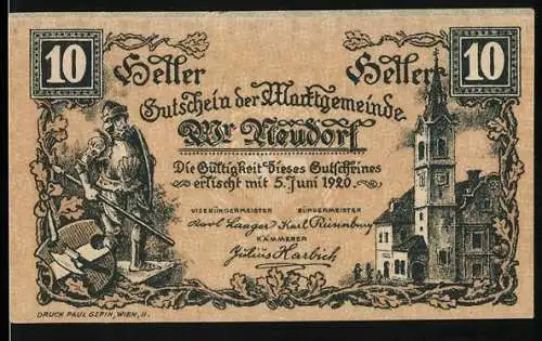 Notgeld Wiener Neudorf 1920, 10 Heller, Bauer und Kirche, Gültigkeit bis 5. Juni 1920