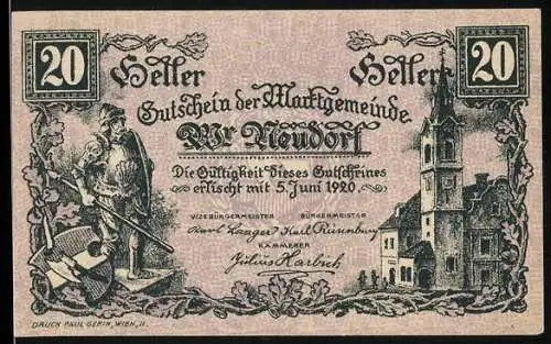 Notgeld Wiener Neudorf 1920, 20 Heller, Ritter und Kirche im Dorf