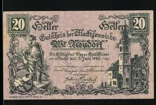 Notgeld Wiener Neudorf 1920, 20 Heller, Bauer mit Sense und Kirche, Ornamentenrahmen