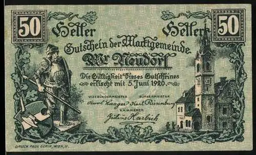 Notgeld Wiener Neudorf 1920, 50 Heller, Bauer mit Sense und Kirche