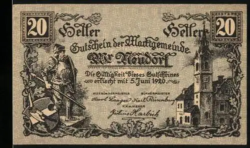 Notgeld Wiener Neudorf 1920, 20 Heller, Bergmann und Kirche als Motiv