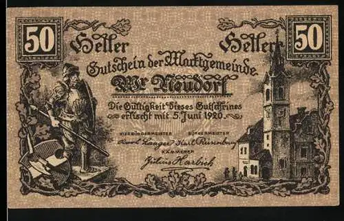 Notgeld Wiener Neudorf 1920, 50 Heller, Arbeiter mit Schaufel und Gebäudeansicht