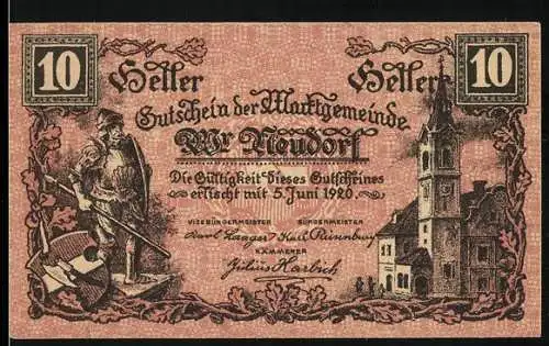 Notgeld Wiener Neudorf 1920, 10 Heller, Ritterfigur und Kirchturm-Motiv