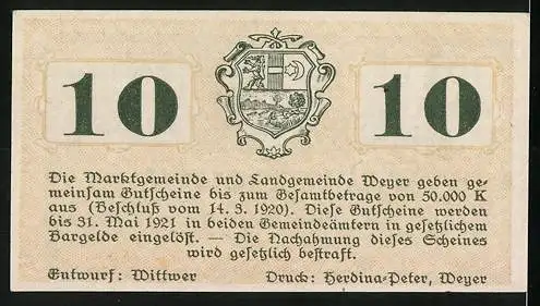 Notgeld Weyer 1920, 10 Heller, Brücke und Landschaft, Wappen der Gemeinden Weyer-Markt und Weyer-Land