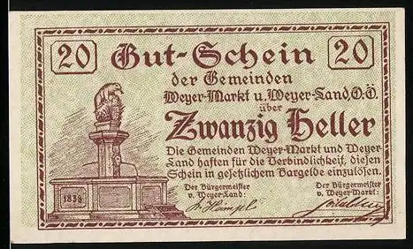 Notgeld Weyer 1920, 20 Heller, Brunnenmotiv und Wappen