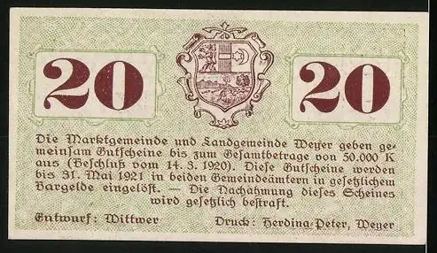 Notgeld Weyer 1920, 20 Heller, Brunnenmotiv und Wappen