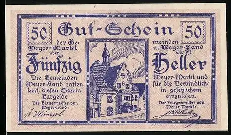 Notgeld Weyer 1921, 50 Heller, Dorfansicht und Wappen