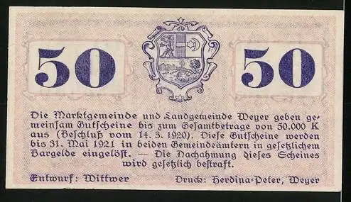 Notgeld Weyer 1921, 50 Heller, Dorfansicht und Wappen