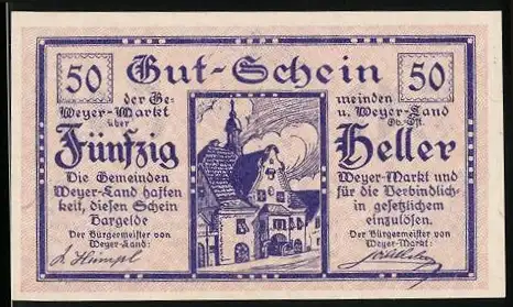 Notgeld Weyer 1920, 50 Heller, Haus und Kirche, Wappen und Text