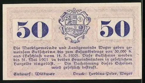 Notgeld Weyer 1920, 50 Heller, Haus und Kirche, Wappen und Text