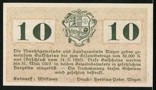 Notgeld Weyer 1920, 10 Heller, Brücke und Landschaft, Wappen der Gemeinden Weyer-Markt und Weyer-Land