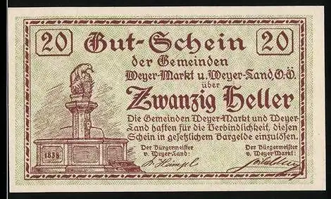 Notgeld Weyer 1920, 20 Heller, Adler auf Brunnen, Wappen der Gemeinden Weyer-Mark und Weyer-Land