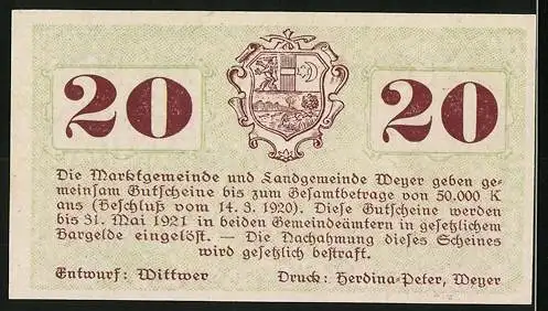 Notgeld Weyer 1920, 20 Heller, Adler auf Brunnen, Wappen der Gemeinden Weyer-Mark und Weyer-Land