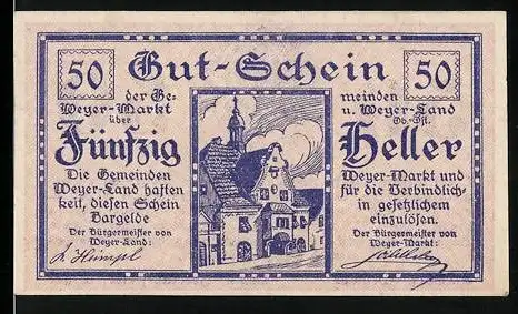 Notgeld Weyer 1920, 50 Heller, Gebäudeansicht und Wappen