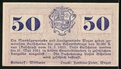 Notgeld Weyer 1920, 50 Heller, Gebäudeansicht und Wappen