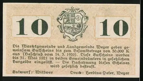 Notgeld Weyer 1920, 10 Heller, Brücke und Wappen, Unterschriften