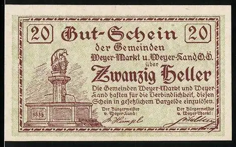 Notgeld Weyer 1920, 20 Heller, Löwenstatue und Wappen der Gemeinden Weyer-Markt und Weyer-Land