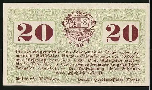 Notgeld Weyer 1920, 20 Heller, Löwenstatue und Wappen der Gemeinden Weyer-Markt und Weyer-Land