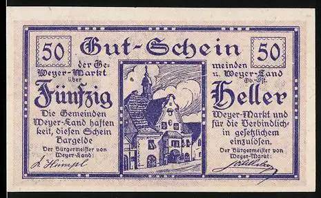 Notgeld Weyer 1920, 50 Heller, Stadtansicht und Wappen