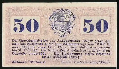 Notgeld Weyer 1920, 50 Heller, Stadtansicht und Wappen