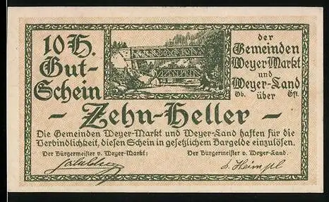 Notgeld Weyer 1920, 10 Heller, Brücke und Landschaft, mit Wappen